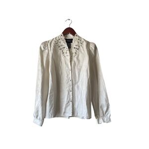 Vintage Ivory Satin Eyelet Lace Collar Blouse Puff Sleeve Button Down size small